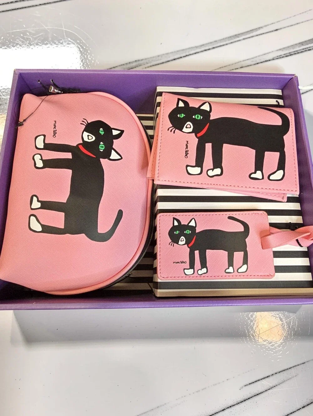 Marc Tetro 3-Piece Black Cat Pink Travel Gift Set Cosmetic Bag Card Wallet
